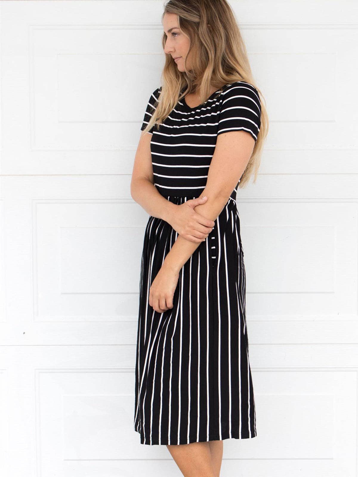 Striped Midi Pocket Dress: Black