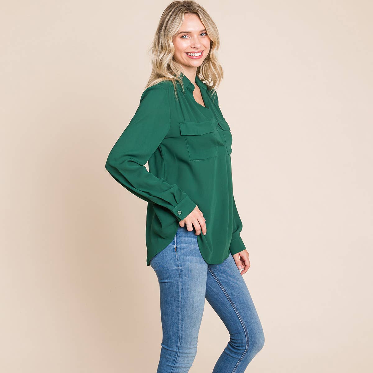 V neck Collared Pocket Detail Blouse Shirts