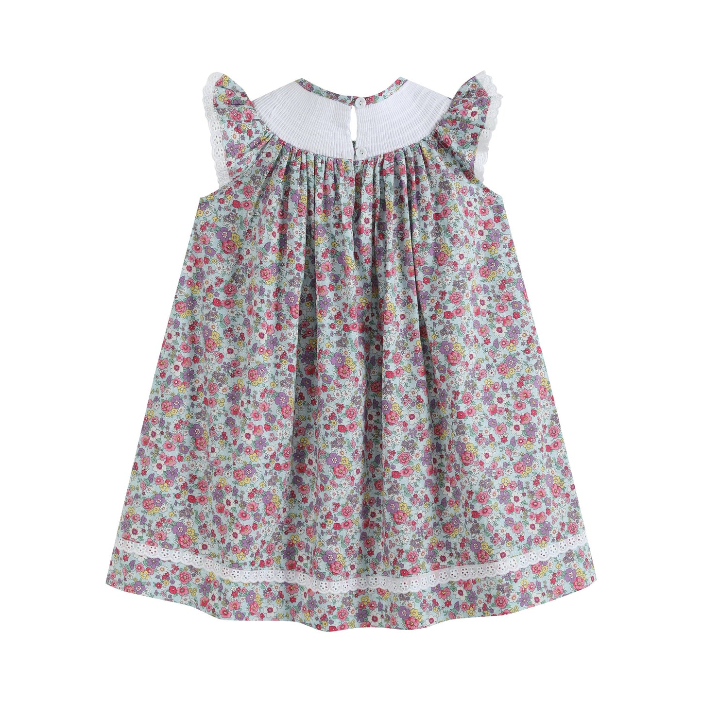 Blue Floral Print Flower Embroidered Smocked Bishop Dress