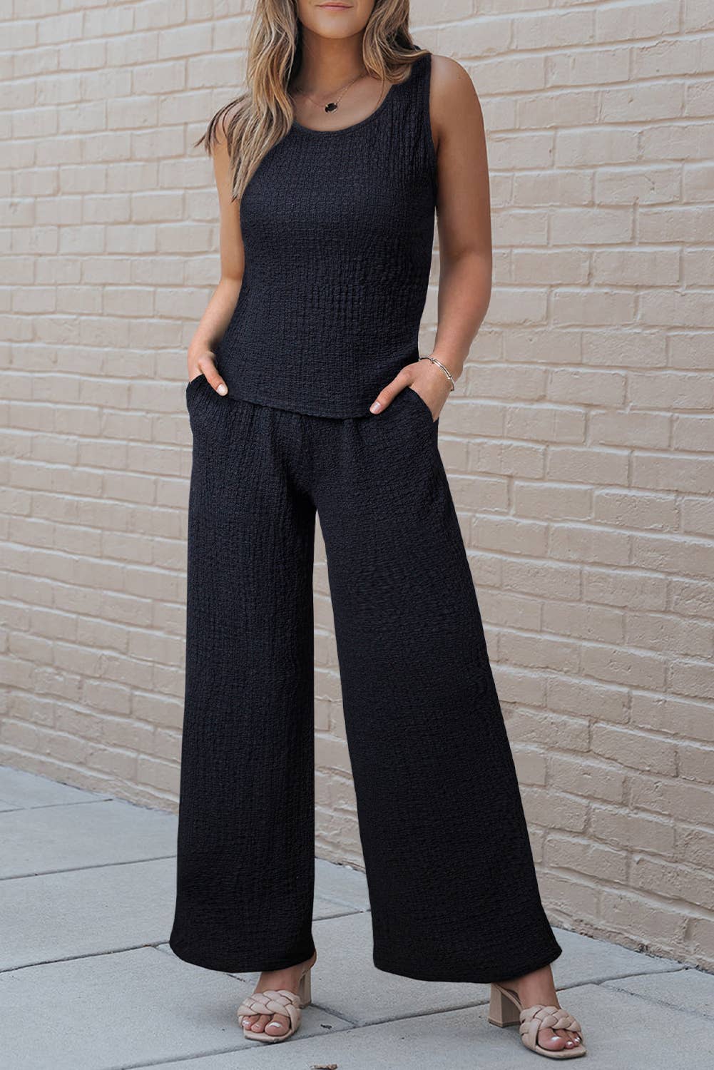 Women Crinkled U Neck Tank Top and Wide Leg Pants Set