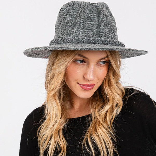 Soft Knit Fuzzy Panama Hat-gray