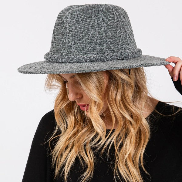 Soft Knit Fuzzy Panama Hat-gray