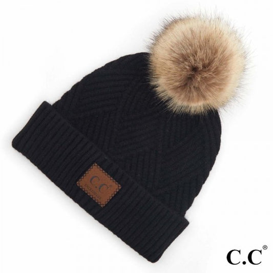 CC Beanie Diagonal Pattern Pom Beanie