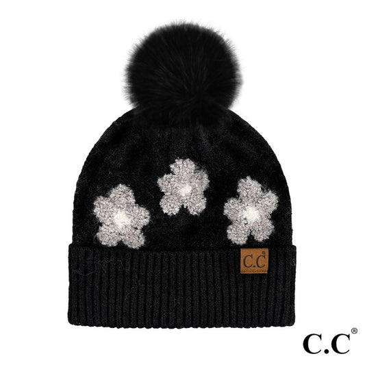 Daisy Pattern Beanie With Pom