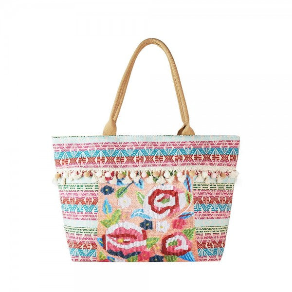 Aztec &. Flower Printed Canvas Tote Bag