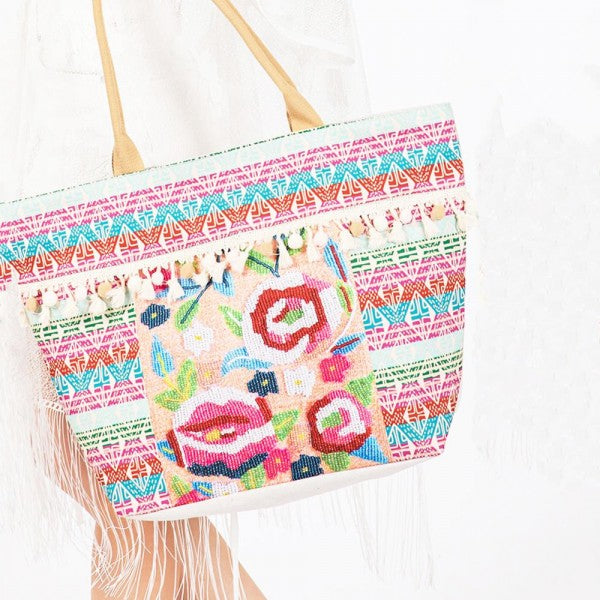 Aztec &. Flower Printed Canvas Tote Bag