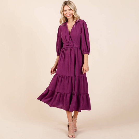 Collared V Neck Knotted Smock Waist Tiered Dress: Purple