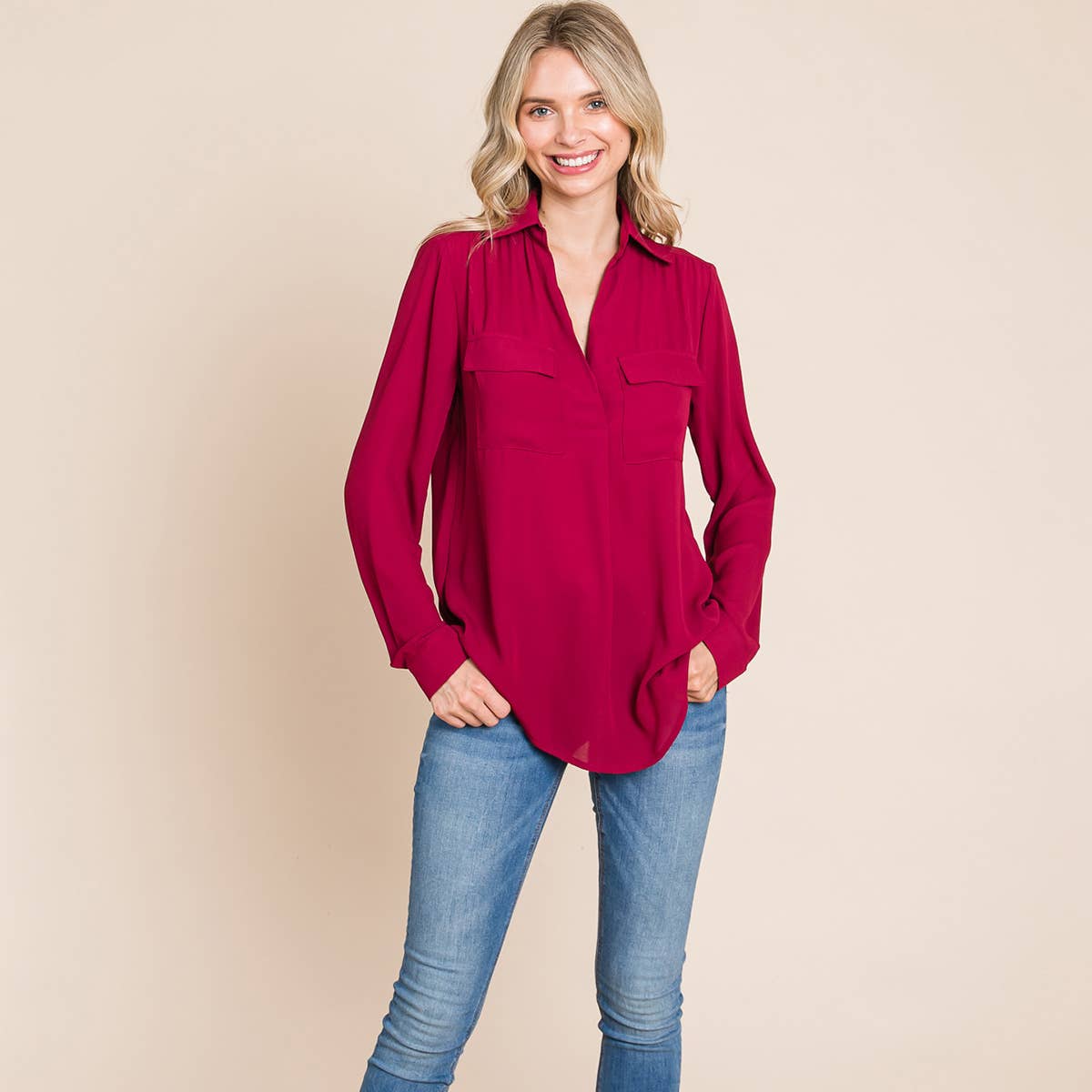 V neck Collared Pocket Detail Blouse Shirts