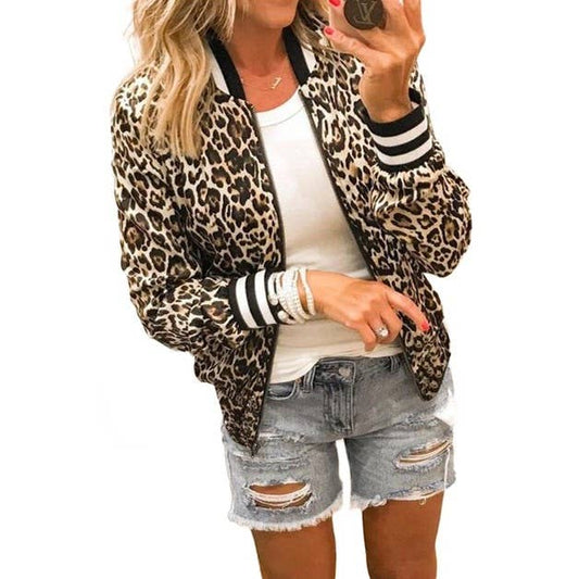 Animal Print Zip Up Long Sleeve Light Weight Bomber Jacket