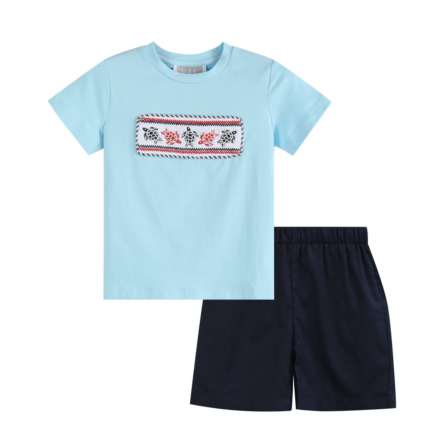 Blue & Red Turtle Smocked Applique Crewneck Tee & Navy Shorts