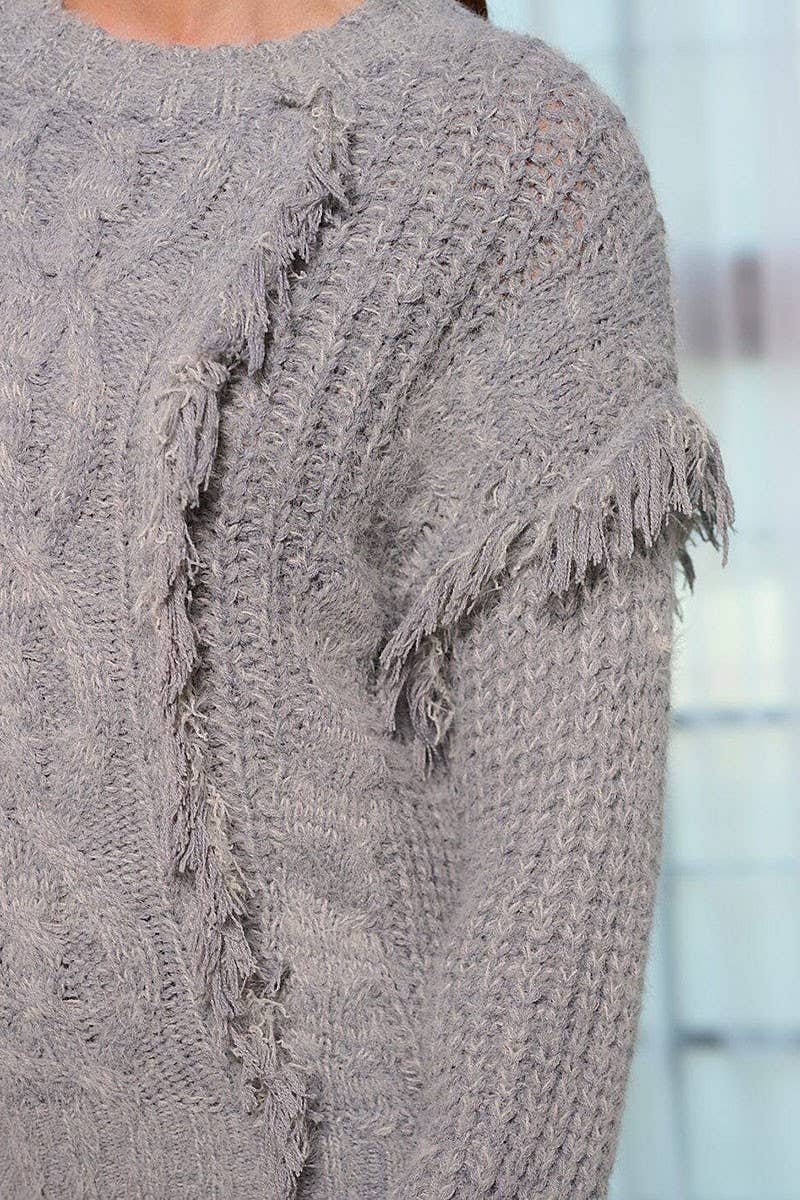 LONG SLEEVE FRINGE KNIT PULLOVER SWEATER: GREY