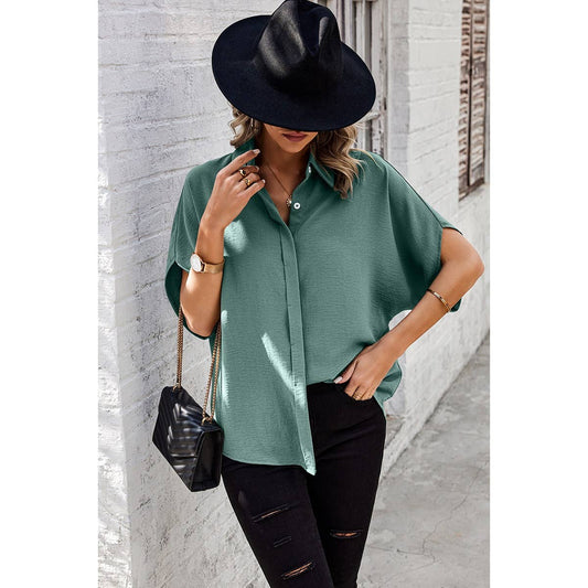 Solid Front Open Button Loose Fit Blouse