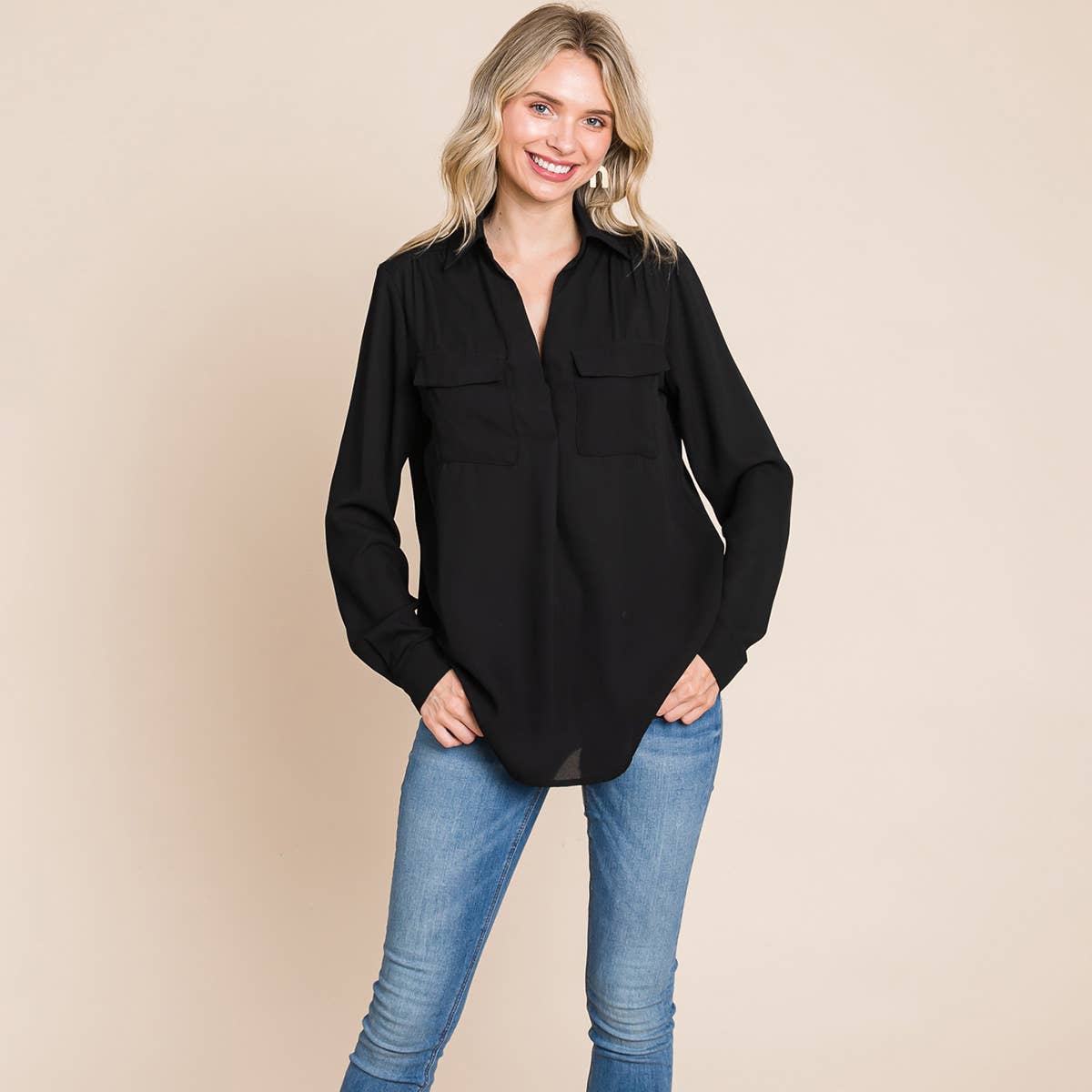 V neck Collared Pocket Detail Blouse Shirts