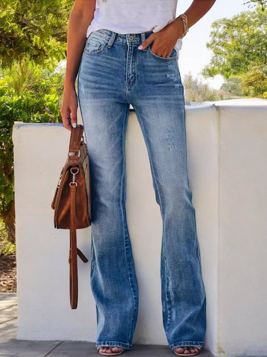 Women's High Waist Flare Jeans with Light Distressing and Classic Fit: Blue / Large 12-14