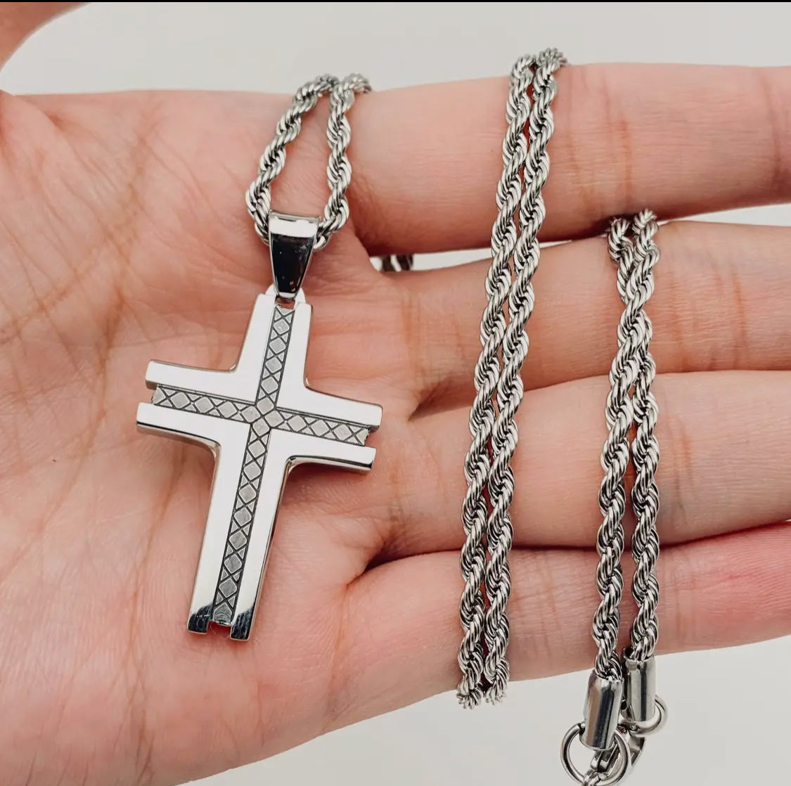 Carved pattern stainless steel cross necklace