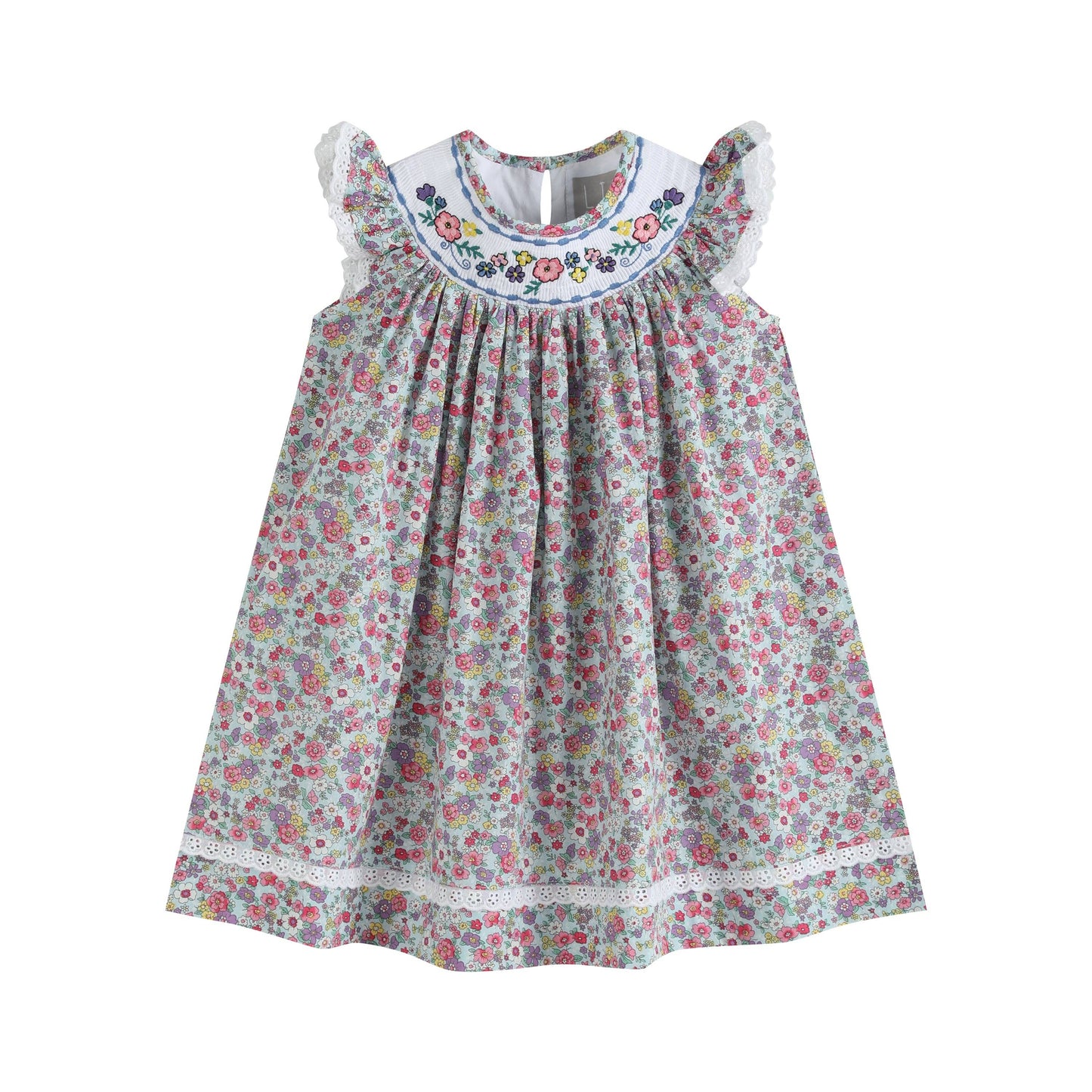 Blue Floral Print Flower Embroidered Smocked Bishop Dress