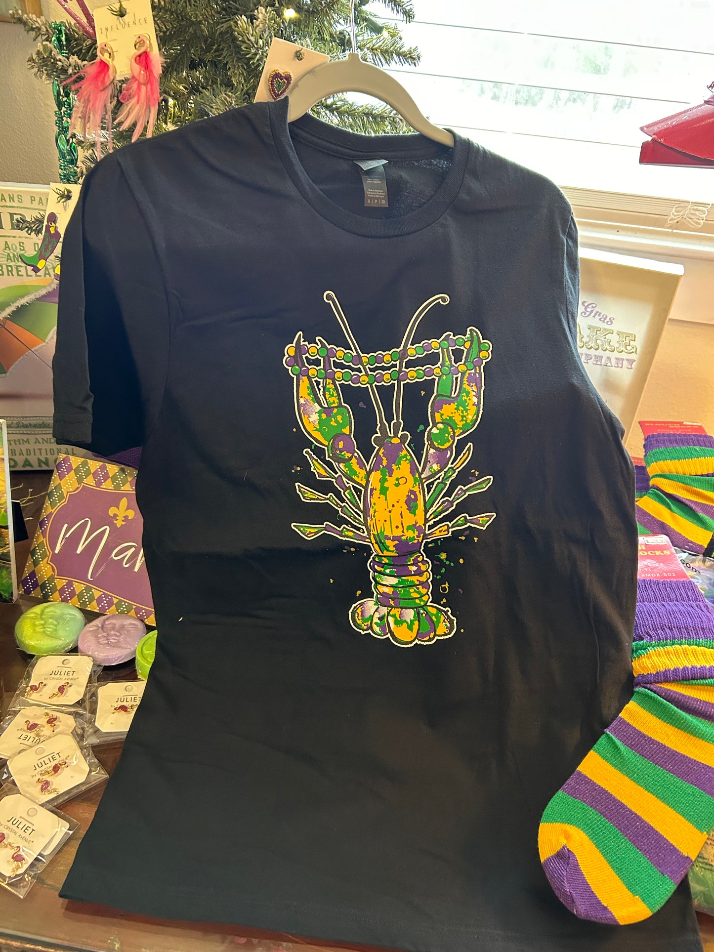Black short sleeve shirt with Mardi Gras crawfish
