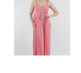 Plus size side pocket maxi dress w/adjustable strap -rose
