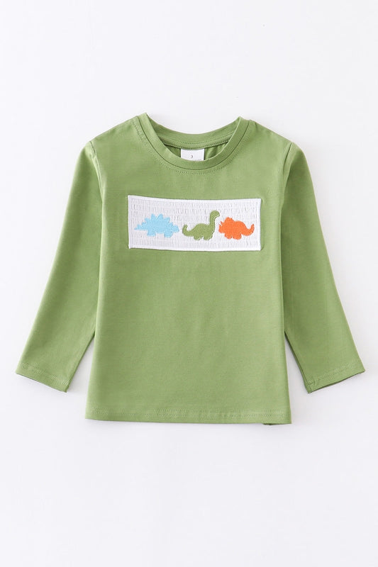 Green Dinosaur Smocked Boy Top