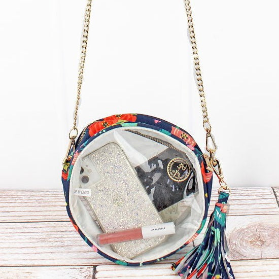 NGIL Clear Round Crossbody Bag with Navy Spring Blossoms Trim