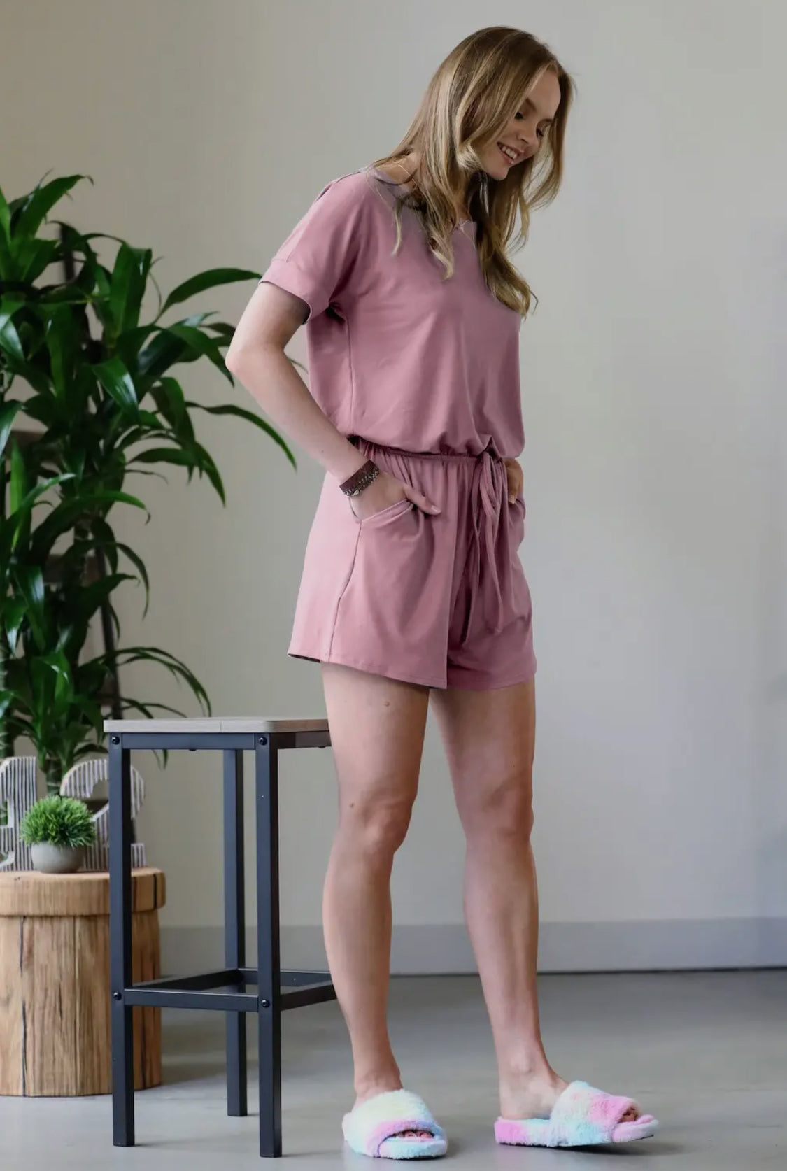 Short sleeve rose romper with pockets