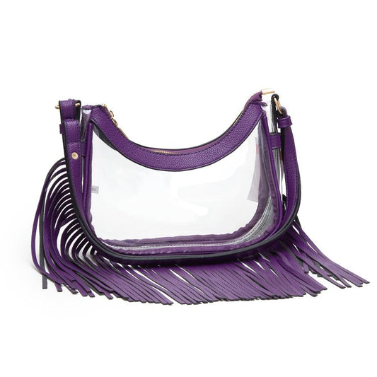 Purple Clear Crossbody Bag With Vegan Leather Trim & Fringe