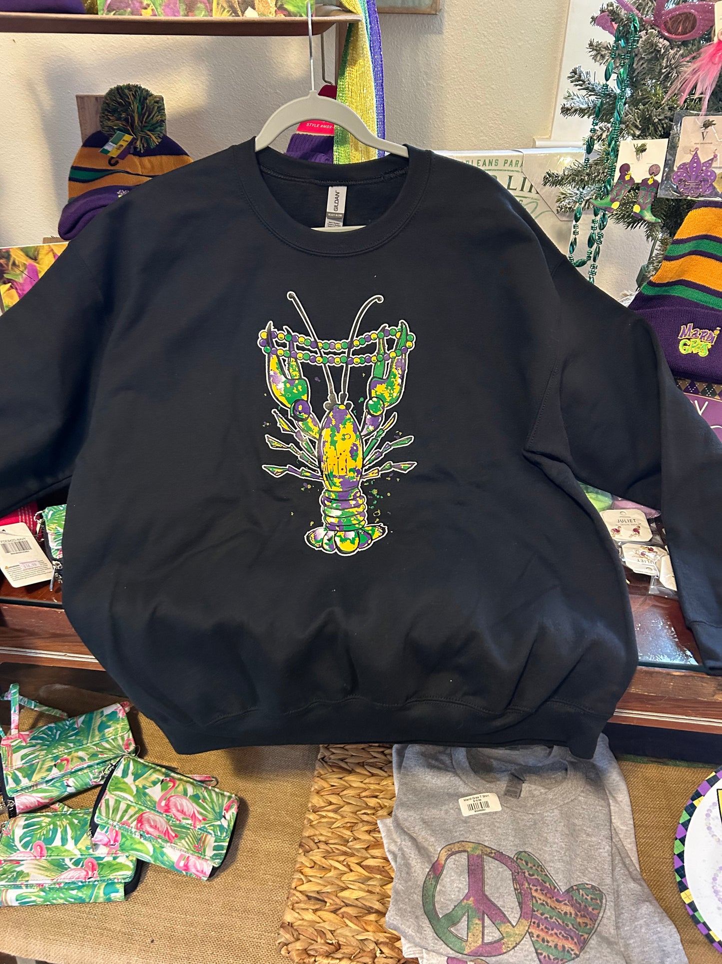 Black sweatshirt with Mardi Gras crawfish