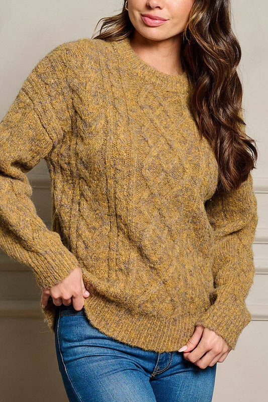 LONG SLEEVE FUZZY PULLOVER SWEATER: Mustard