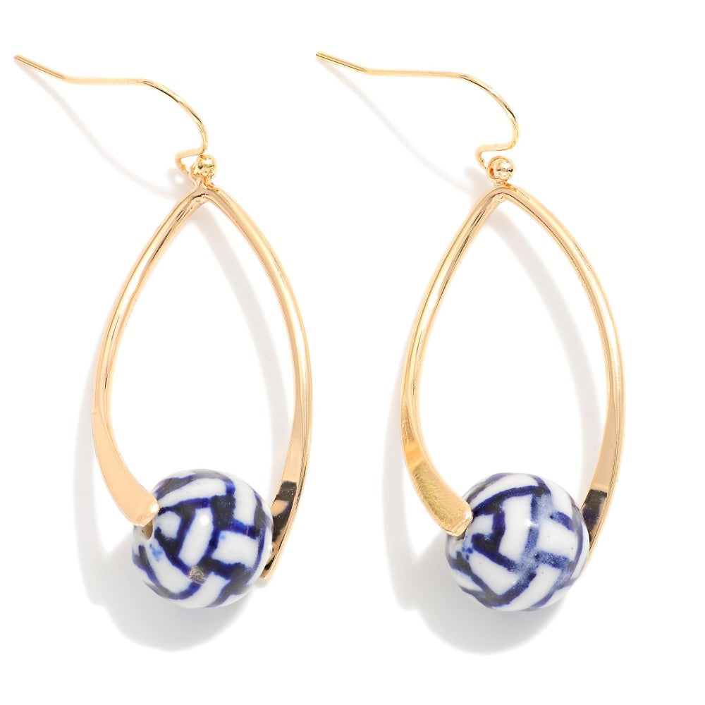 Metal Tone Ovate Drop Earrings Featuring Chinoiserie Bead Accent