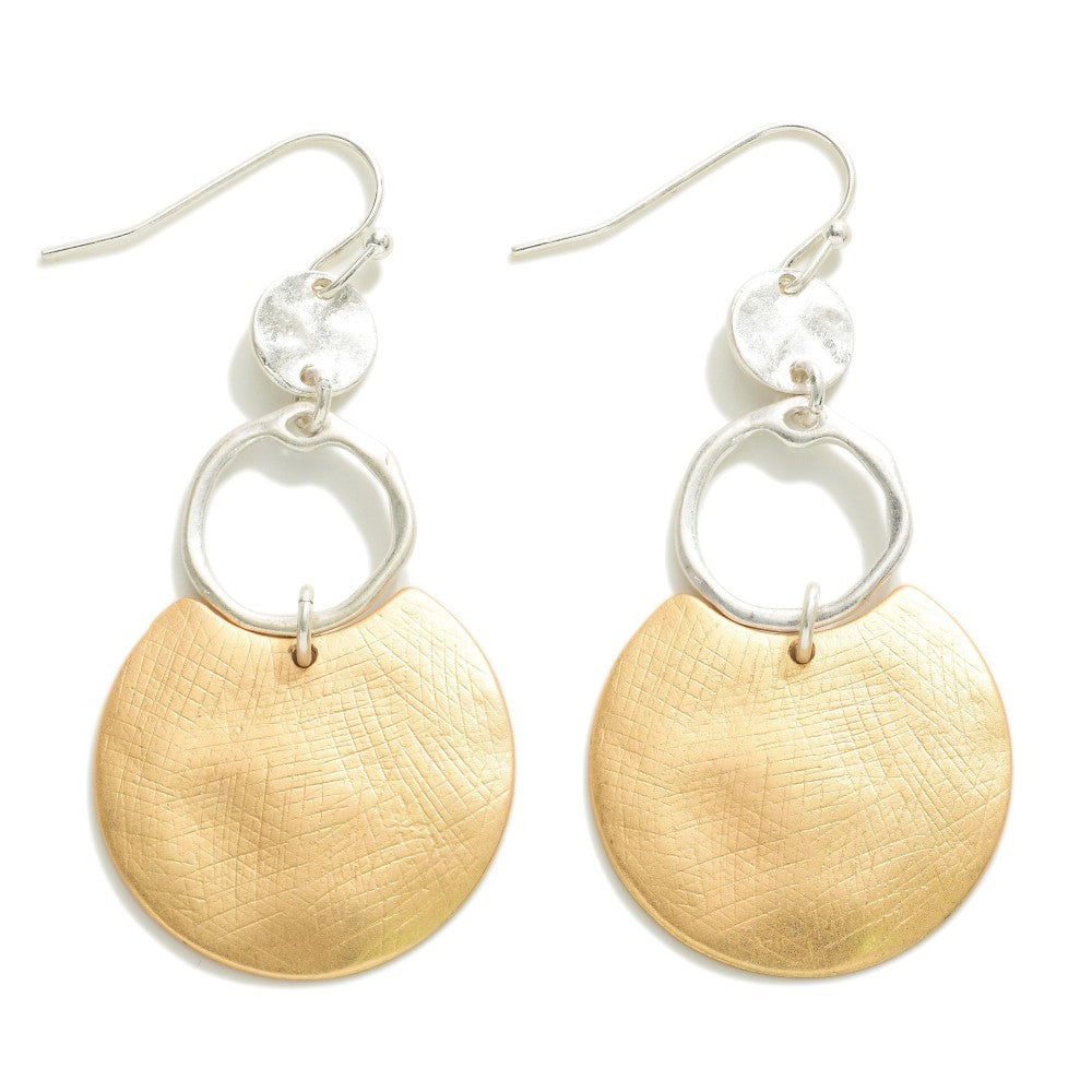 Gold and Silver Tone Circular Drop Earrings Featuring Etched and Hammered Textures