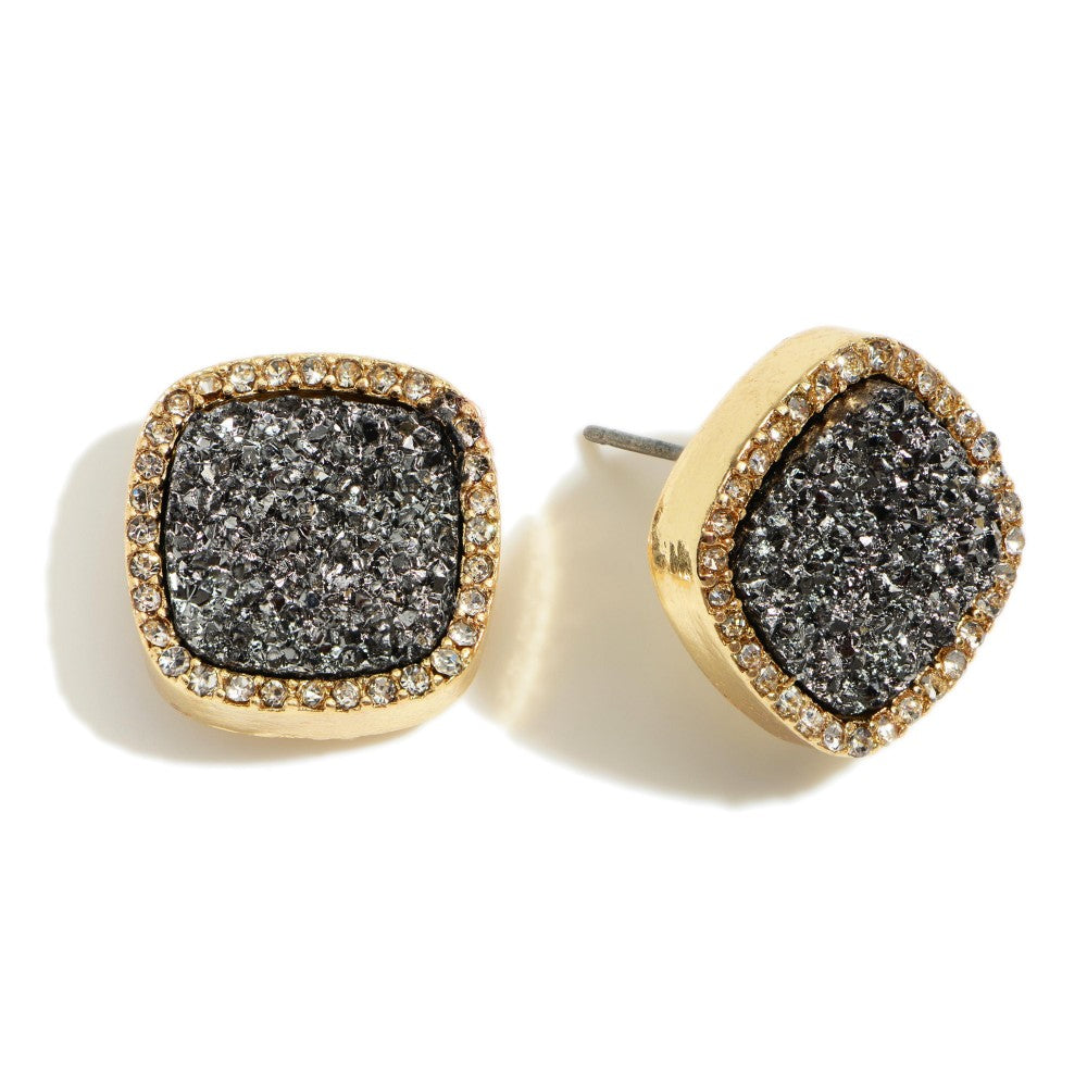 Square Shaped Druzy Stud Earrings Featuring Cubic Zirconia Accents.