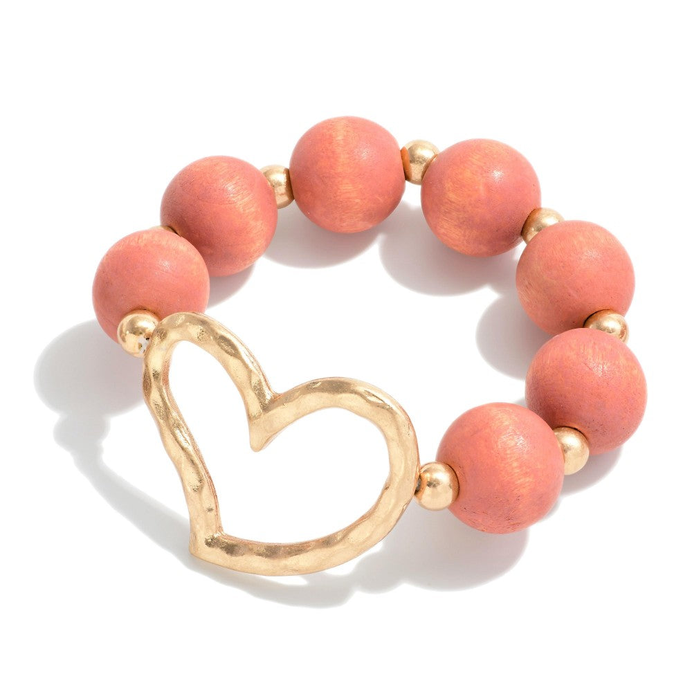 Wood Beaded Stretch Bracelet With Hammered Heart Charm