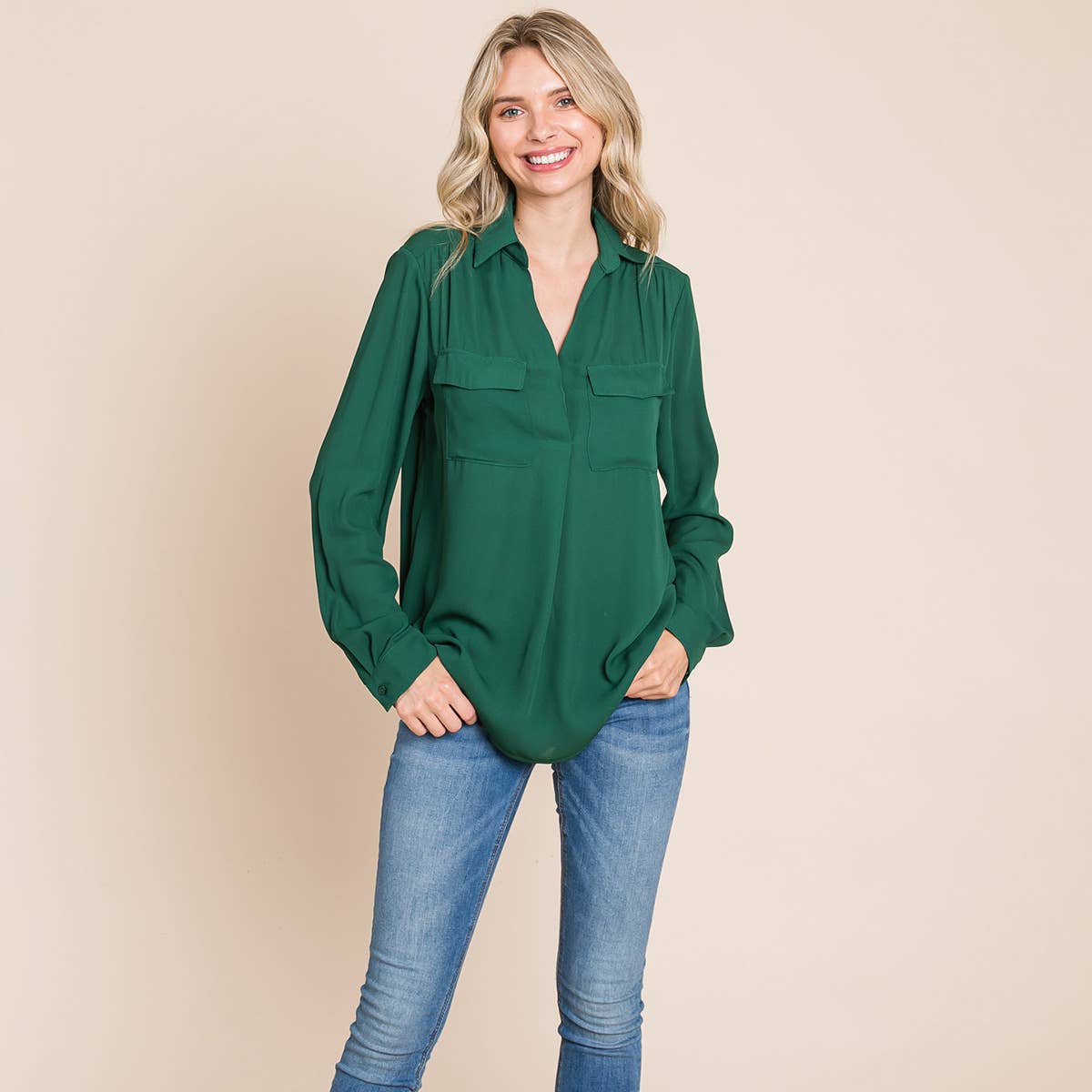 V neck Collared Pocket Detail Blouse Shirts