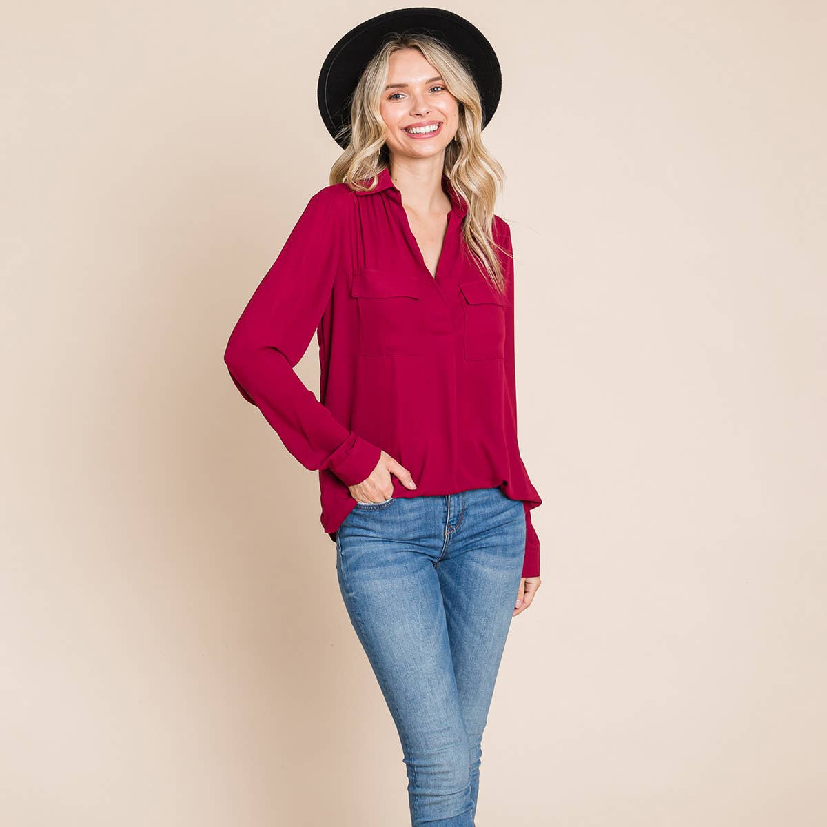 V neck Collared Pocket Detail Blouse Shirts