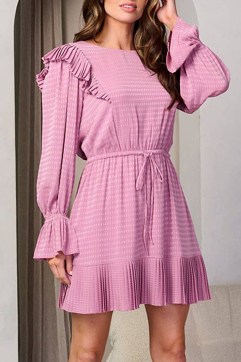 LONG SLEEVE ELASTIC WAIST RUFFLE DETAILED DRESS: MAUVE