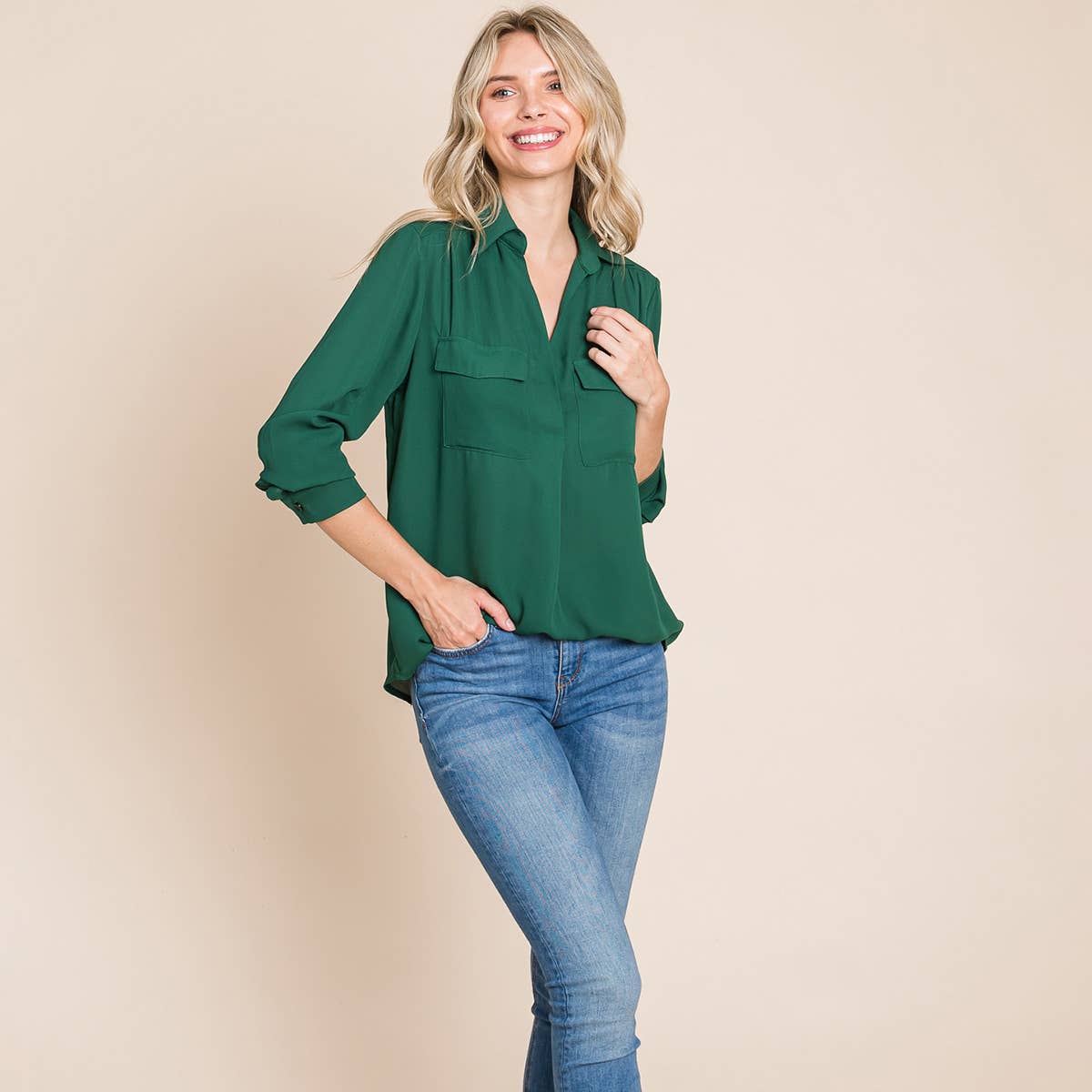 V neck Collared Pocket Detail Blouse Shirts