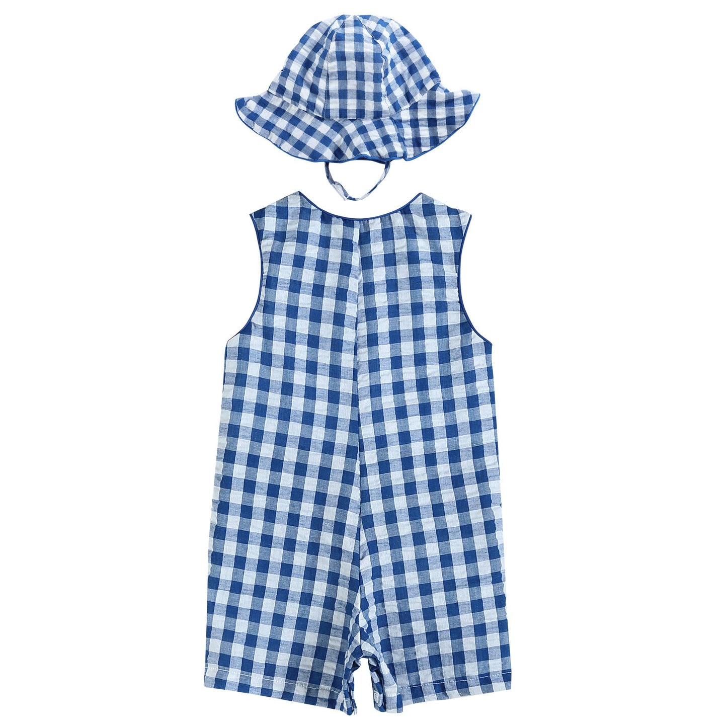 Royal Blue Gingham Romper and Sunhat: 12-18M