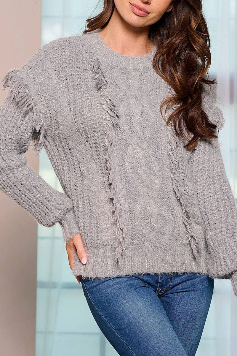 LONG SLEEVE FRINGE KNIT PULLOVER SWEATER: GREY