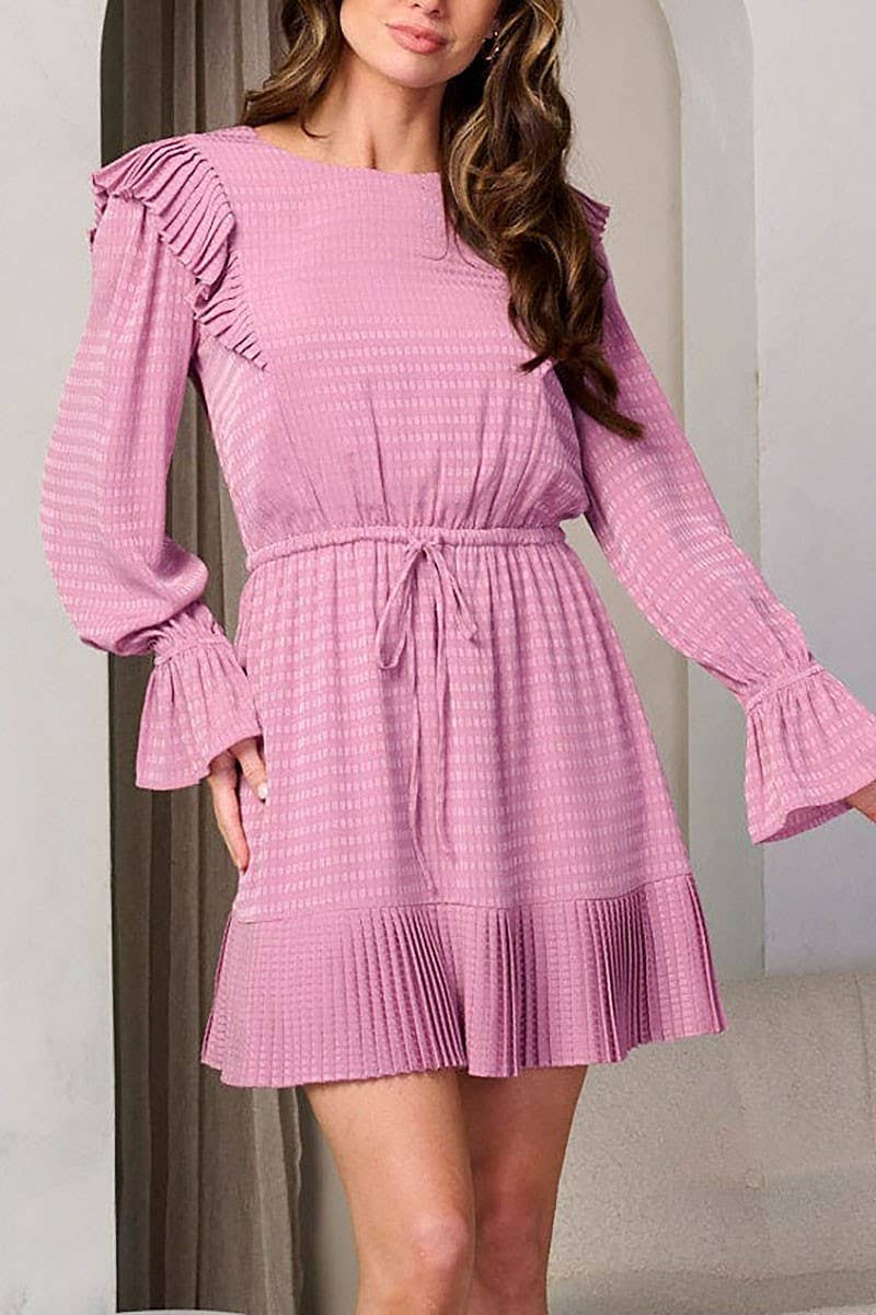 LONG SLEEVE ELASTIC WAIST RUFFLE DETAILED DRESS: MAUVE