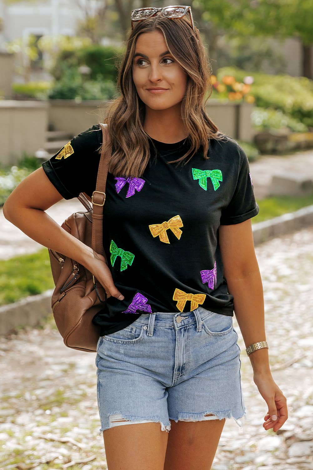 Mardi Gras Sequin Bow Knot Graphic T Shirt