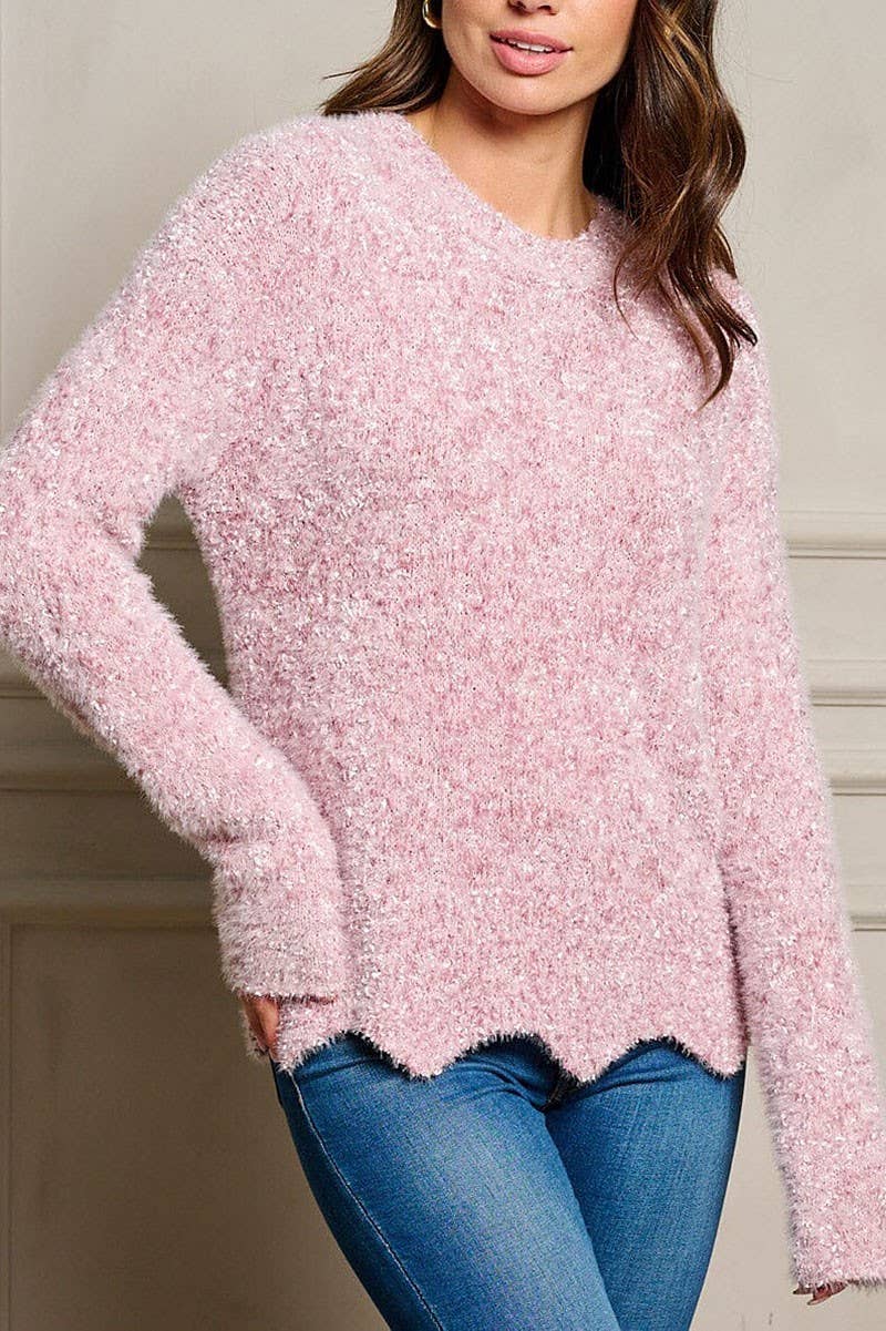 LONG SLEEVE FUZZY PULLOVER SWEATER: Pink