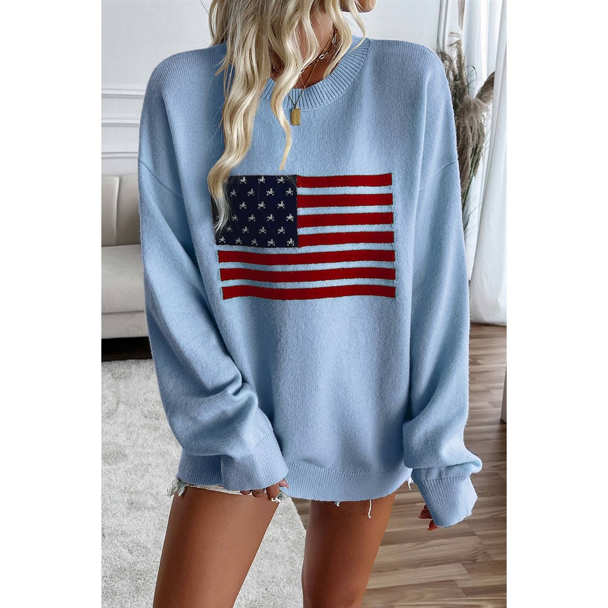 Knit Round Neck Flag Print Loose Fit Sweater: BLUE