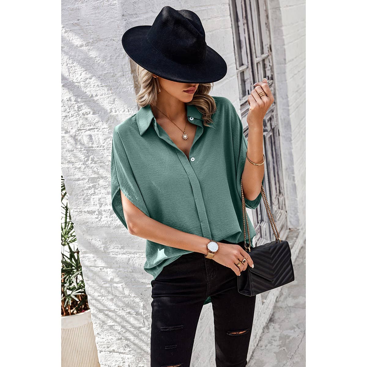 Solid Front Open Button Loose Fit Blouse