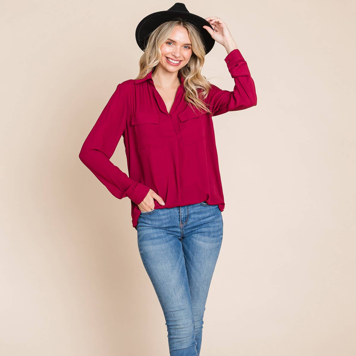 V neck Collared Pocket Detail Blouse Shirts