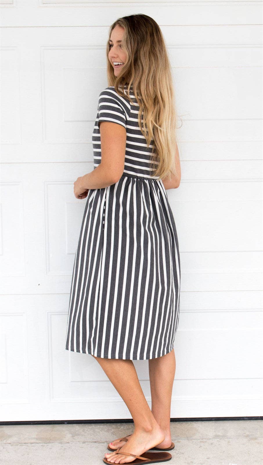 Striped Midi Pocket Dress: Black