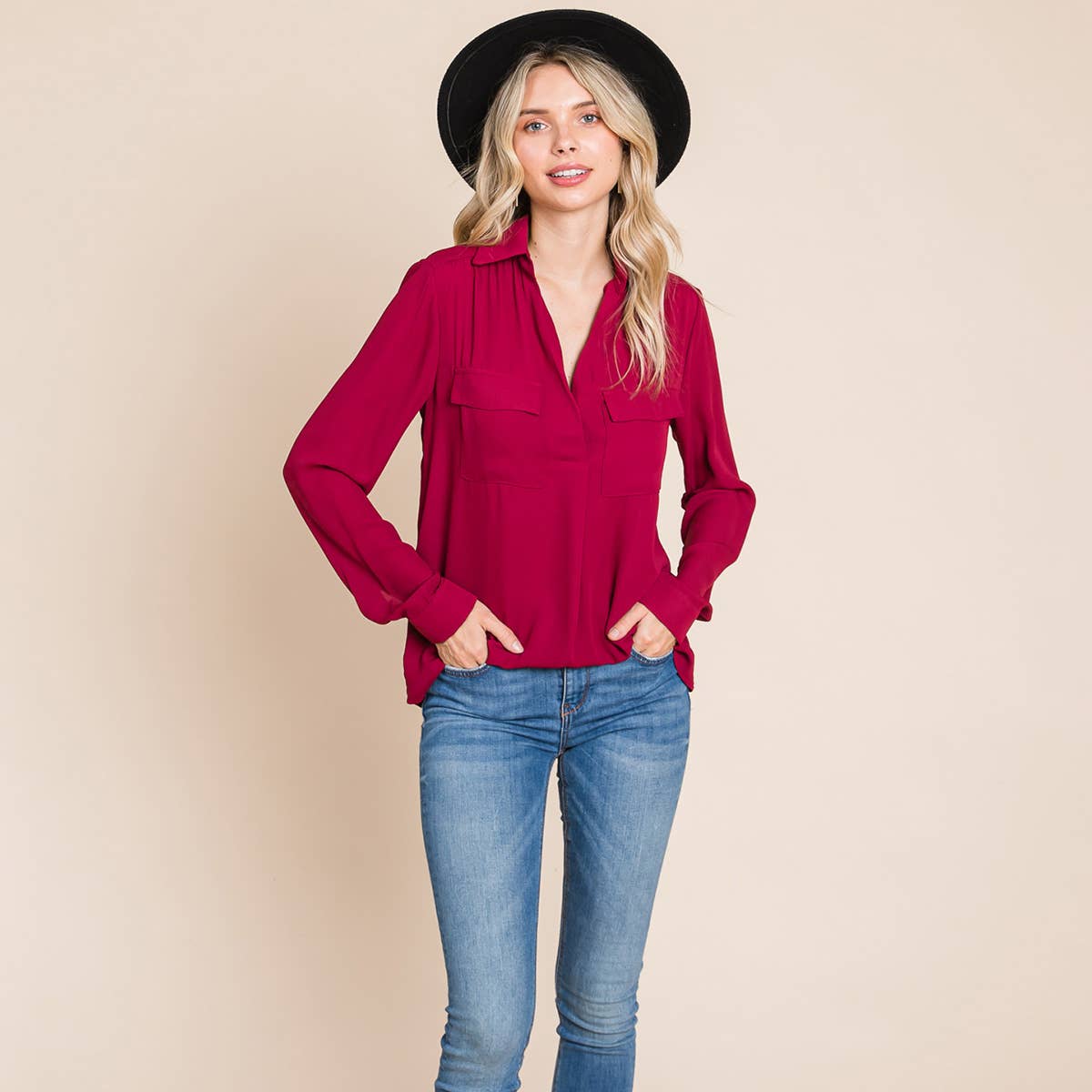 V neck Collared Pocket Detail Blouse Shirts