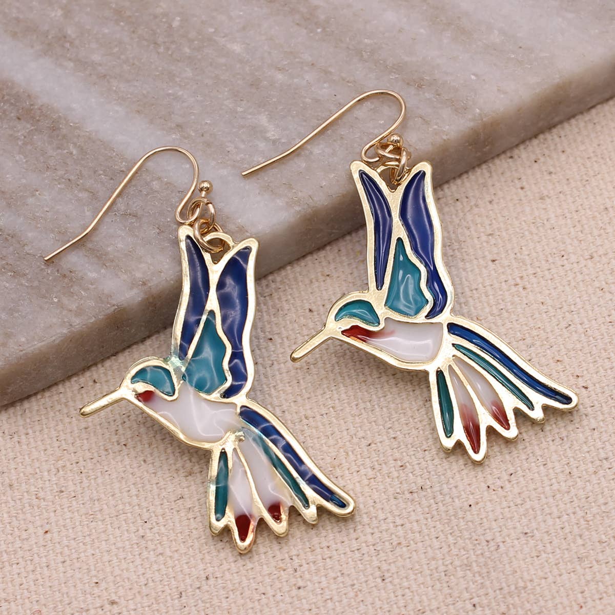 Stained Glass Gold Hummingbird Earrings