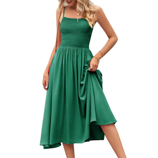 Square Neck Pleated Bohemian Suspender Dress: Green