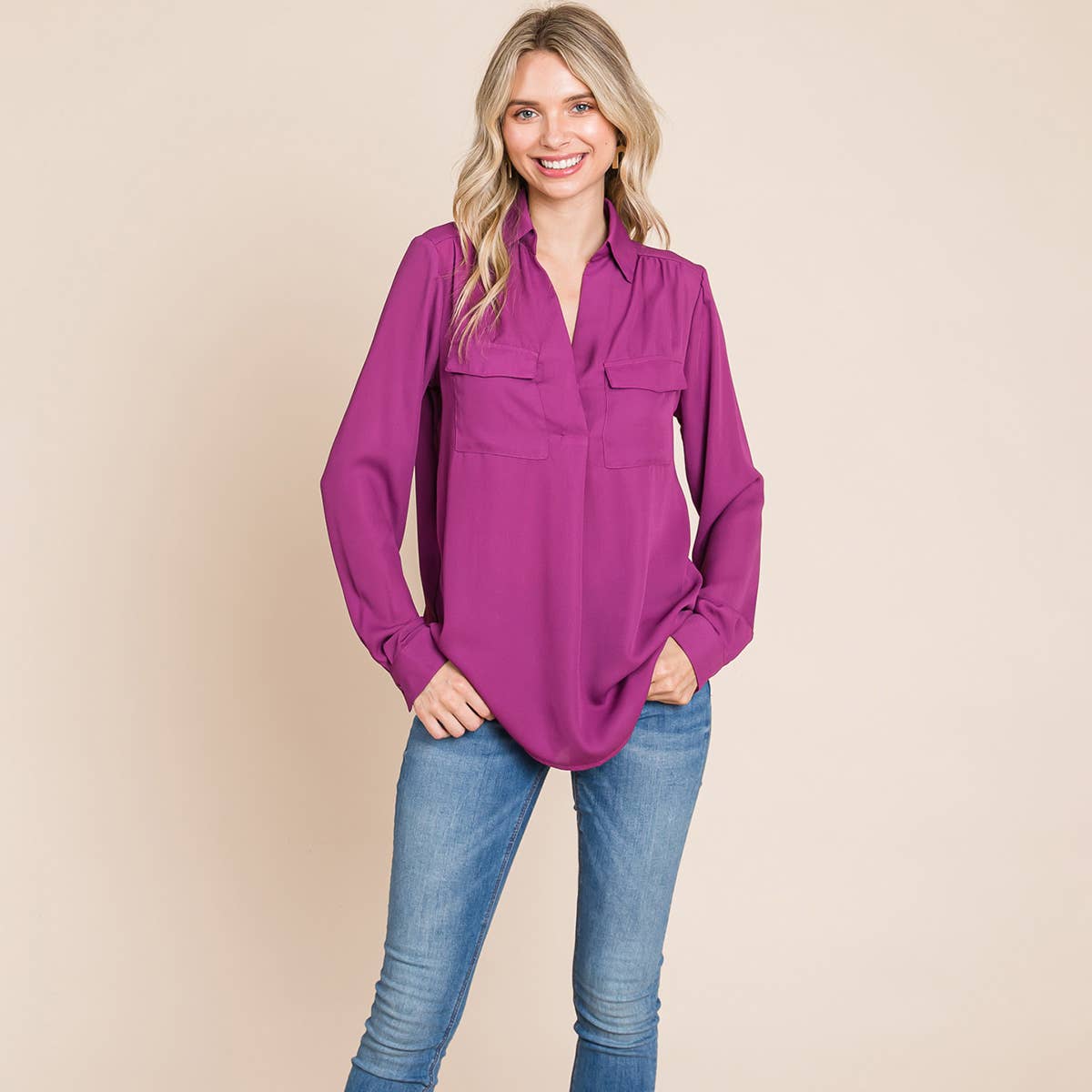 V neck Collared Pocket Detail Blouse Shirts