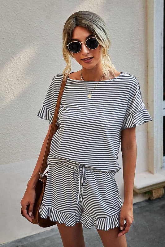Round Neck Striped Top Short Set: GREY STRIPE